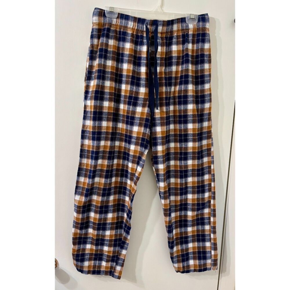 IZOD Mens L 100% Cotton Flannel Blue/Brown Plaid (Tartan) Pajama Lounge Bottoms